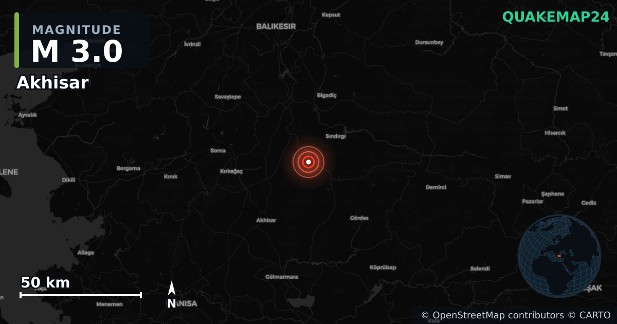 M3.0 earthquake near Akhisar on Aug 10, 2025 — map of epicenter and shaking intensity | QuakeMap24