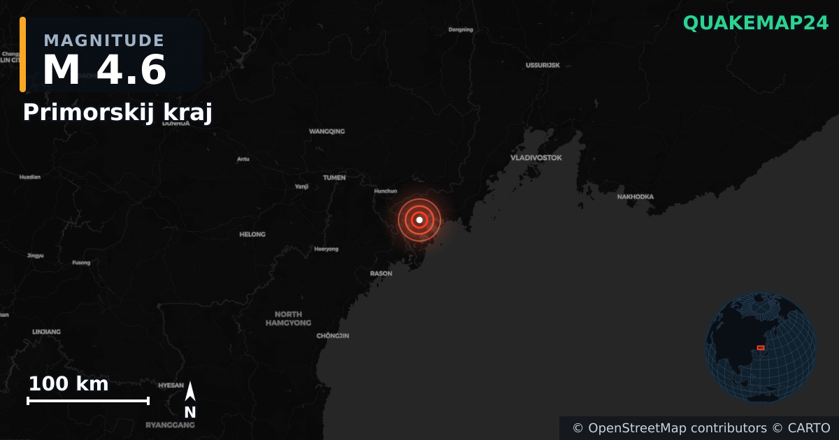 M4.6 earthquake near Primorskij kraj on Dec 16, 2025 — map of epicenter and shaking intensity | QuakeMap24
