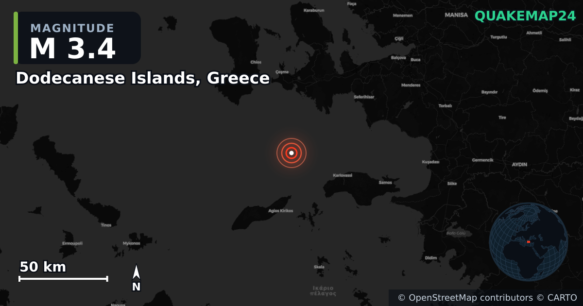 M3.4 earthquake near Dodecanese Islands, Greece on Sep 26, 2025 — map of epicenter and shaking intensity | QuakeMap24