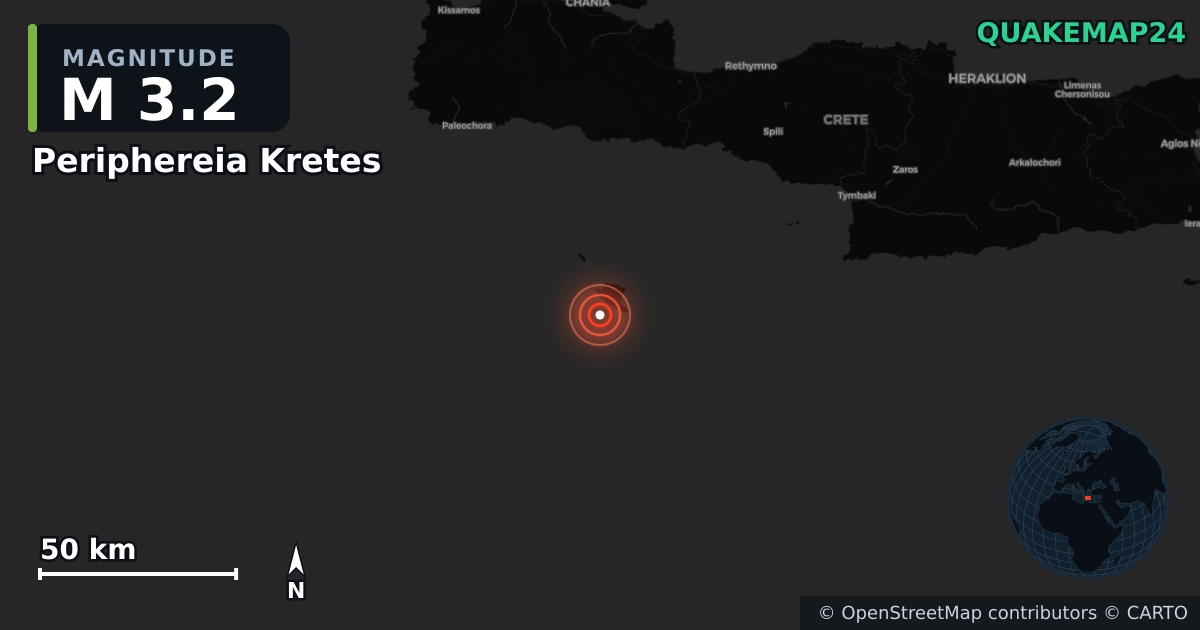M3.2 earthquake near Periphereia Kretes on Dec 13, 2025 — map of epicenter and shaking intensity | QuakeMap24