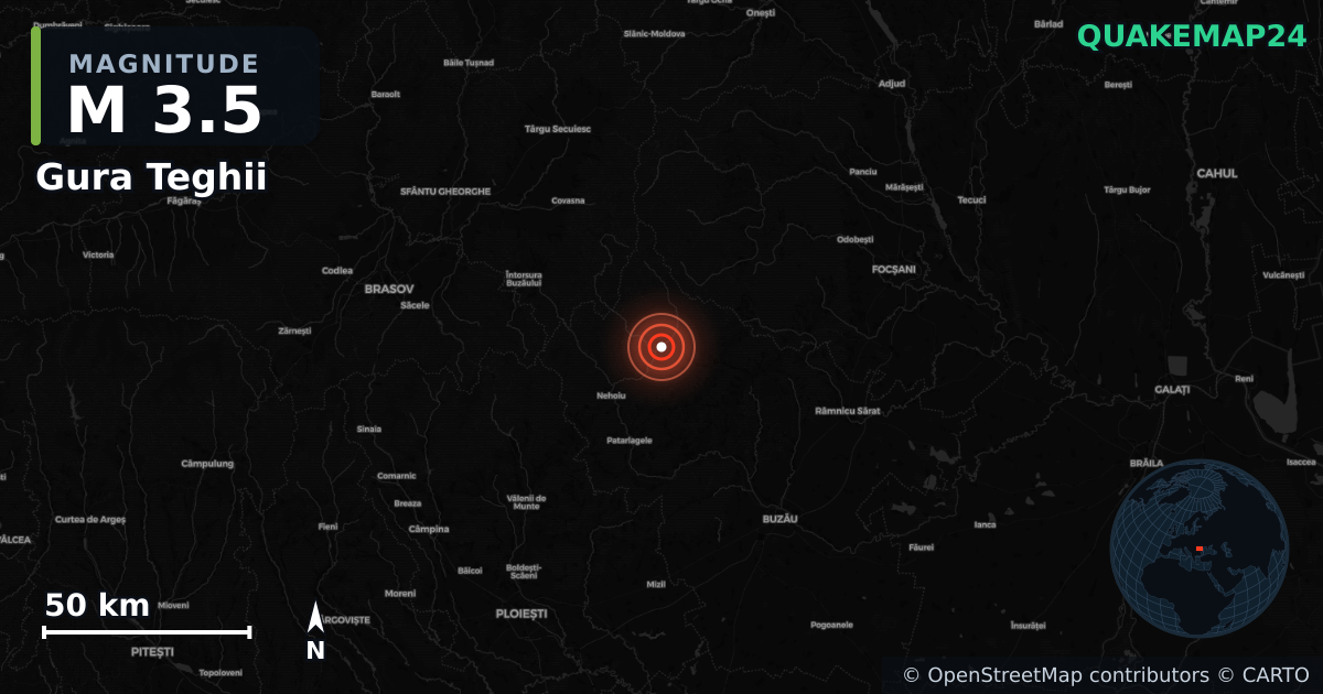 M3.5 earthquake near Gura Teghii on May 29, 2026 — map of epicenter and shaking intensity | QuakeMap24