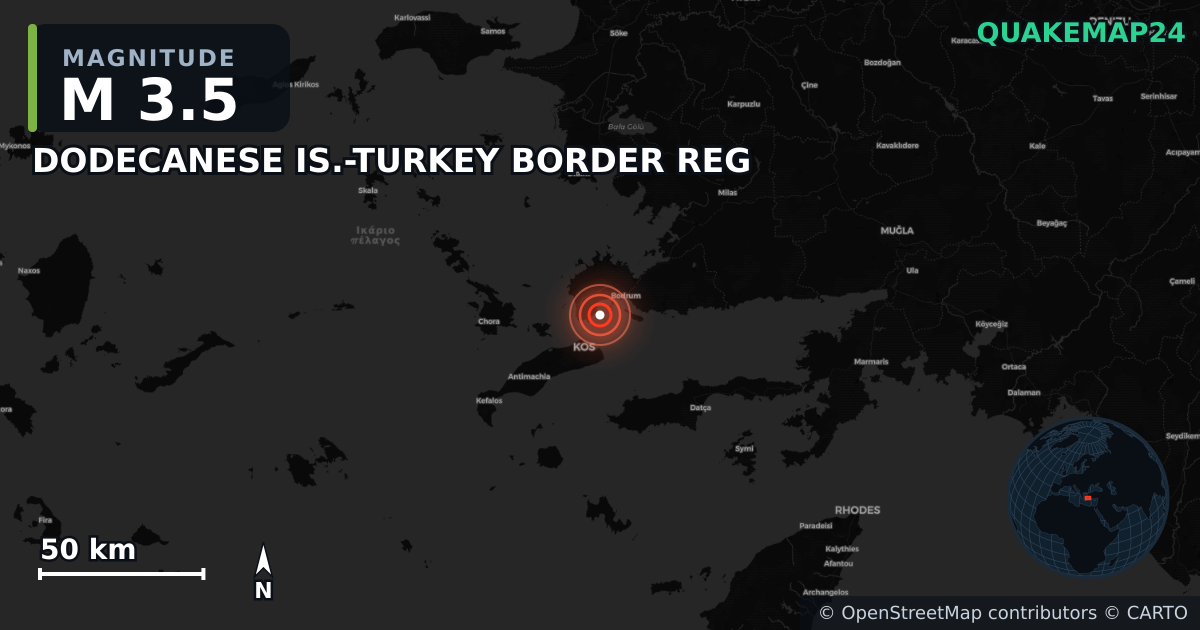 M3.5 earthquake near DODECANESE IS.-TURKEY BORDER REG on Jun 21, 2025 — map of epicenter and shaking intensity | QuakeMap24