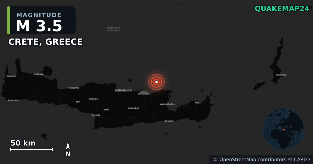 M3.5 earthquake near CRETE, GREECE on May 22, 2025 — map of epicenter and shaking intensity | QuakeMap24