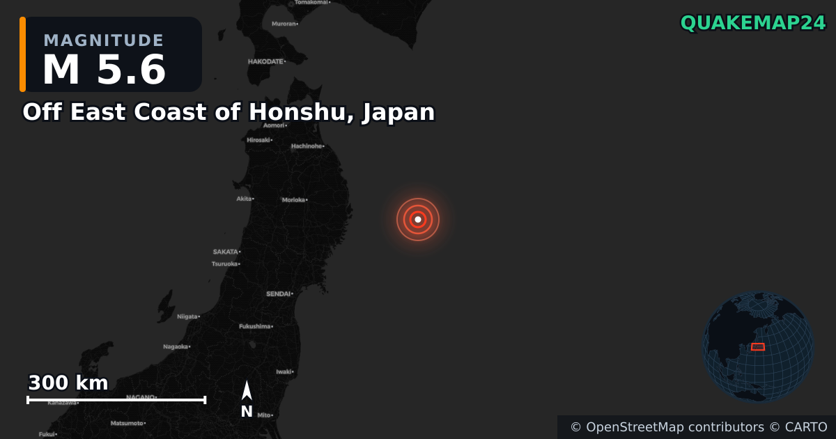 M5.6 earthquake near Off East Coast of Honshu, Japan on Nov 8, 2025 — map of epicenter and shaking intensity | QuakeMap24