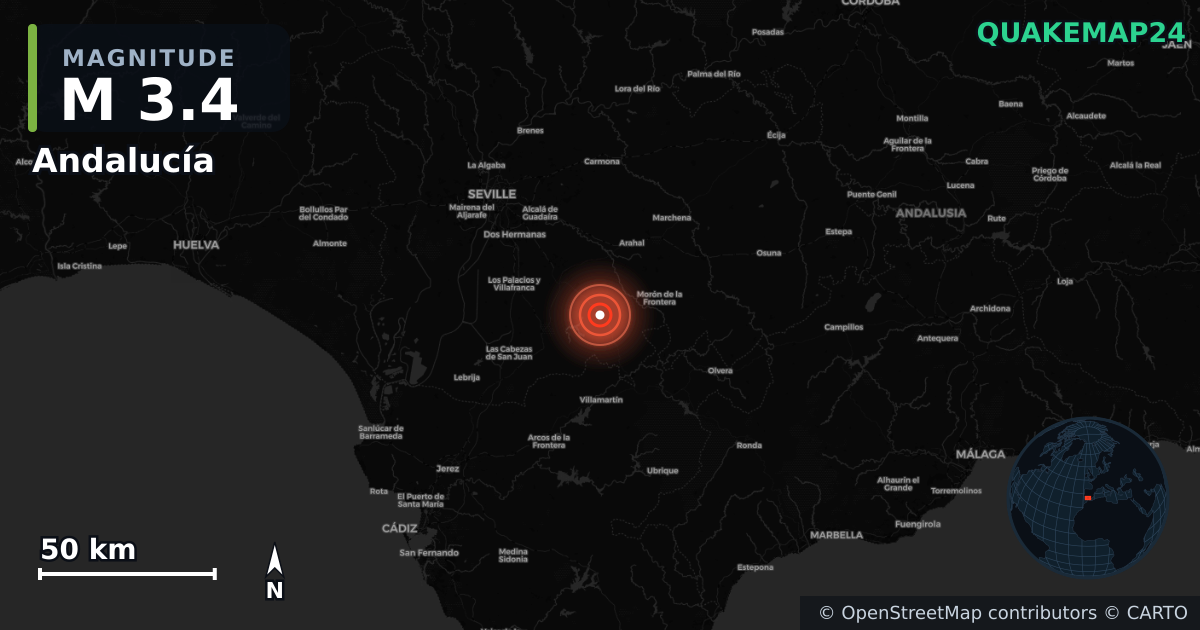 M3.4 earthquake near Andalucía on May 4, 2025 — map of epicenter and shaking intensity | QuakeMap24