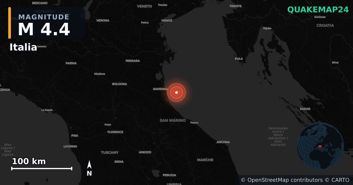 M4.4 earthquake near Italia on Jan 13, 2026 — map of epicenter and shaking intensity | QuakeMap24