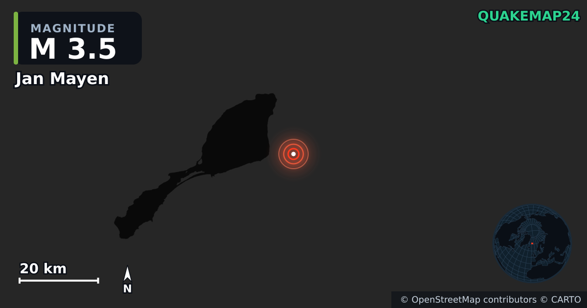 M3.5 earthquake near Jan Mayen on Mar 4, 2025 — map of epicenter and shaking intensity | QuakeMap24