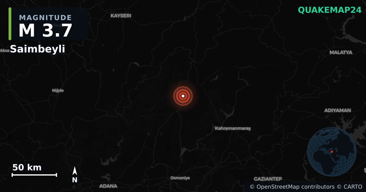 M3.7 earthquake near Saimbeyli on Jan 31, 2026 — map of epicenter and shaking intensity | QuakeMap24