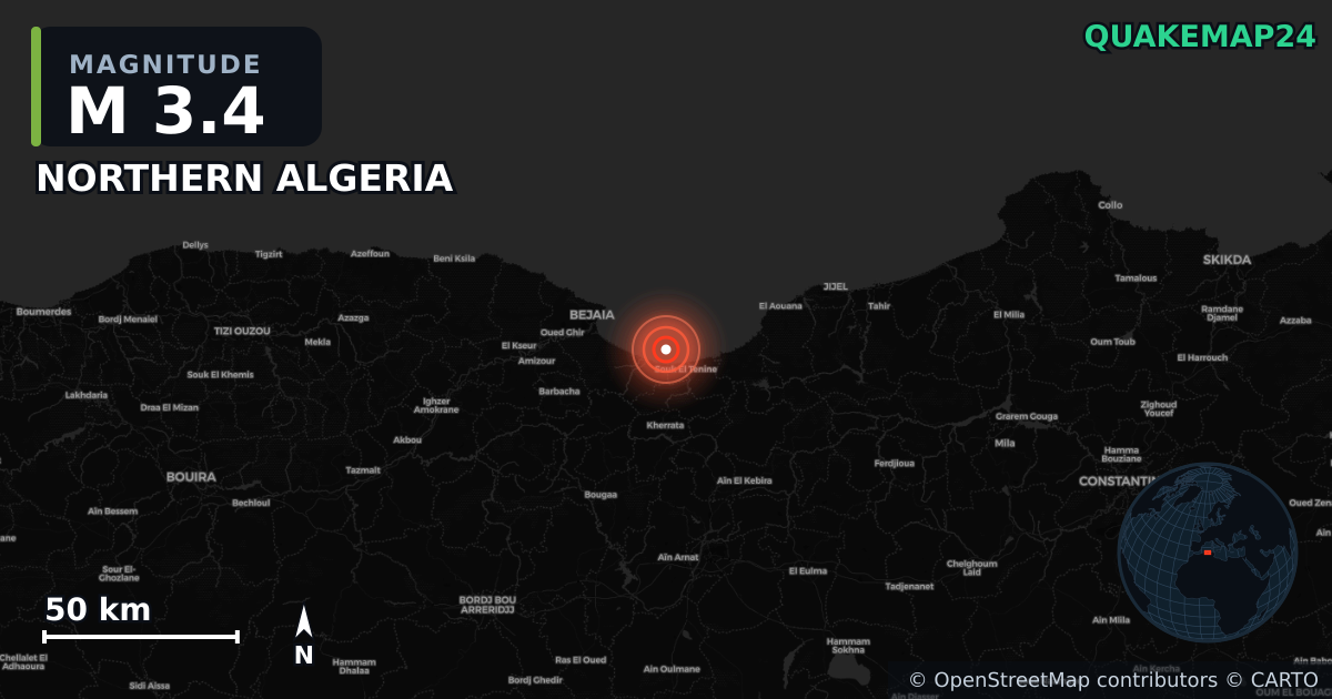 M3.4 earthquake near NORTHERN ALGERIA on Jun 13, 2025 — map of epicenter and shaking intensity | QuakeMap24