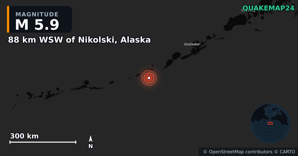 M5.9 earthquake near 88 km WSW of Nikolski, Alaska on Feb 23, 2026 — map of epicenter and shaking intensity | QuakeMap24