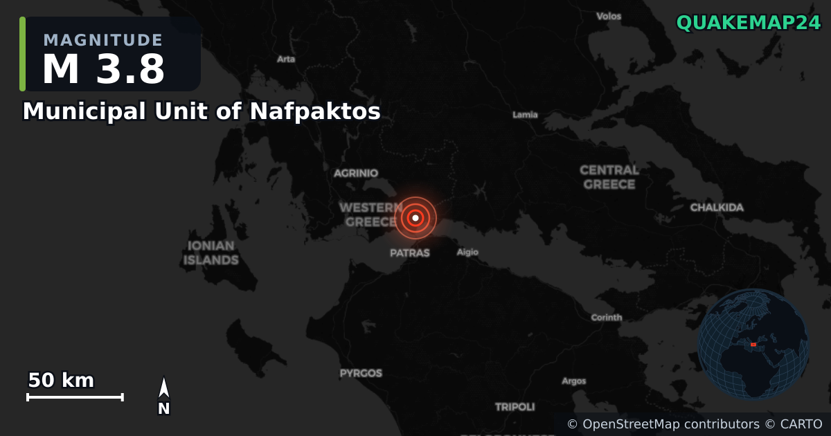 M3.8 earthquake near Municipal Unit of Nafpaktos on Apr 7, 2026 — map of epicenter and shaking intensity | QuakeMap24