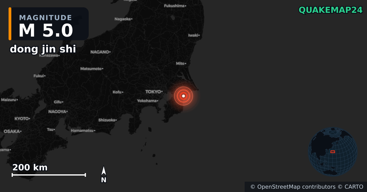 M5.0 earthquake near dong jin shi on Jan 9, 2026 — map of epicenter and shaking intensity | QuakeMap24
