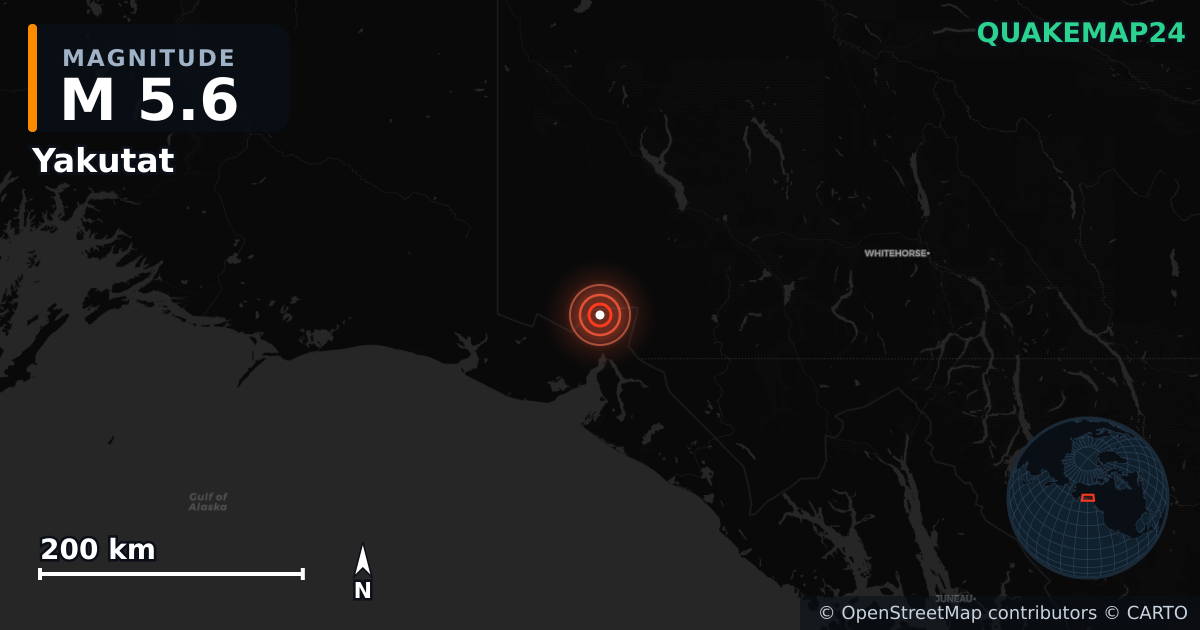 M5.6 earthquake near Yakutat on Dec 6, 2025 — map of epicenter and shaking intensity | QuakeMap24