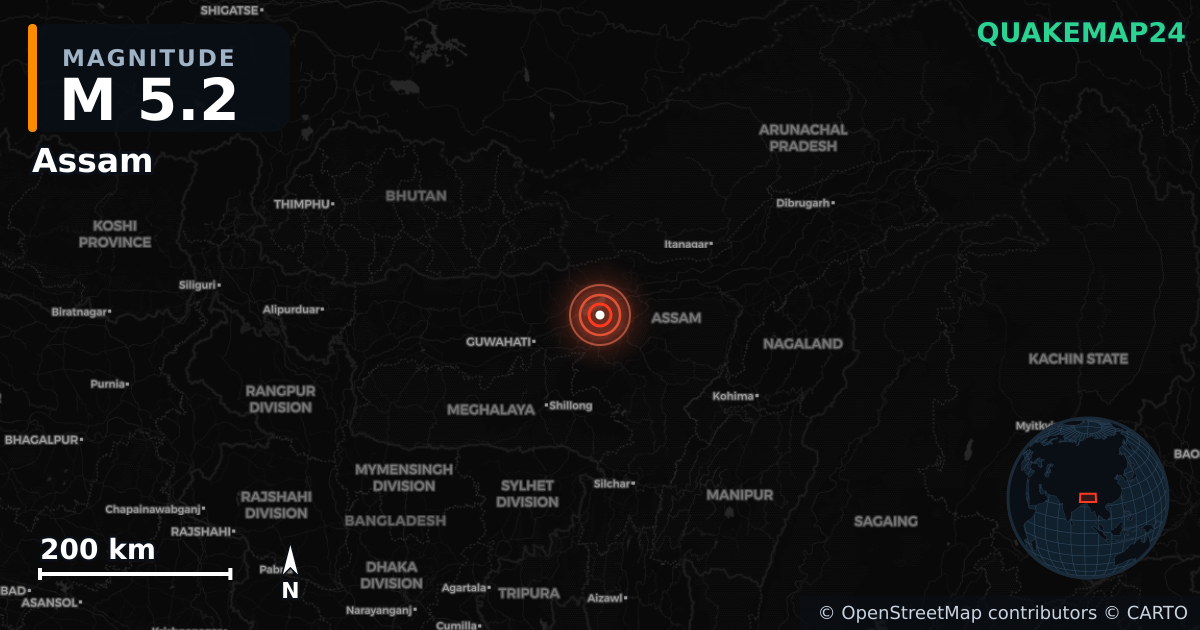 M5.2 earthquake near Assam on Jan 4, 2026 — map of epicenter and shaking intensity | QuakeMap24