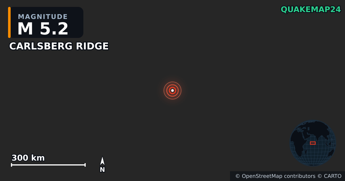 CARLSBERG RIDGE yakınında M5,2 deprem — Deprem merkez üssünün konumunu gösteren harita
