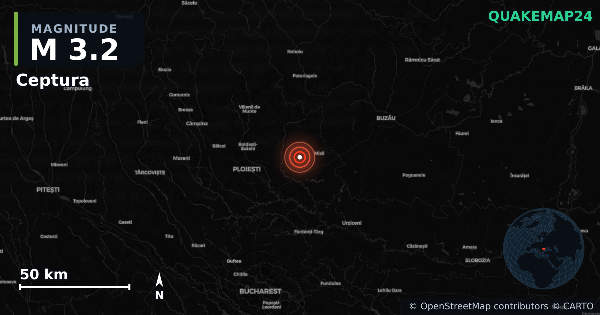 M3.2 Earthquake near Ceptura (Romania) · 2026-09-06 — Map showing the location of the epicenter