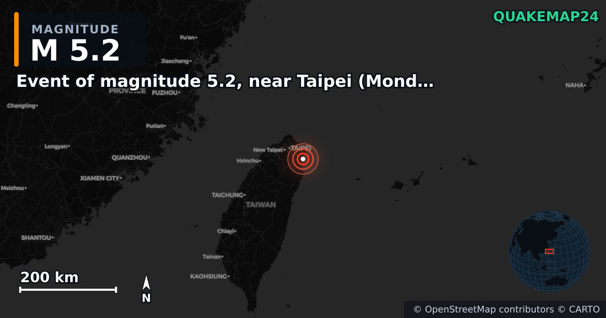 M5.2 earthquake near Event of magnitude 5.2, near Taipei (Monde) on May 1, 2026 — map of epicenter and shaking intensity | QuakeMap24