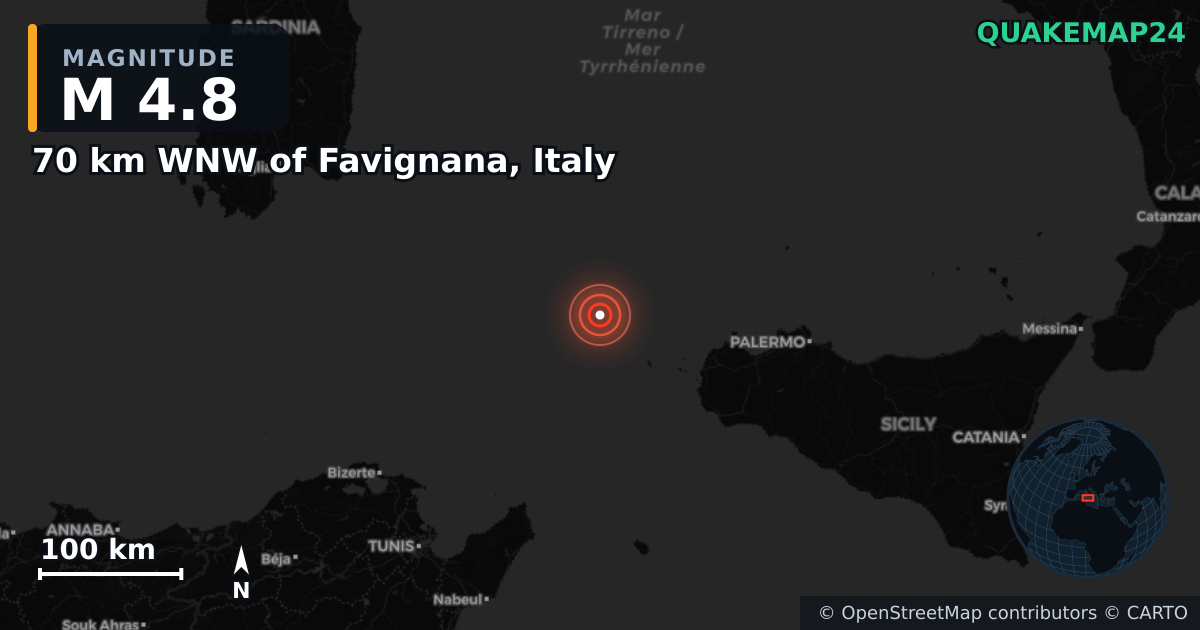 70 km WNW of Favignana, Italy yakınında M4,8 deprem · 2025-08-26 — Deprem merkez üssünün konumunu gösteren harita