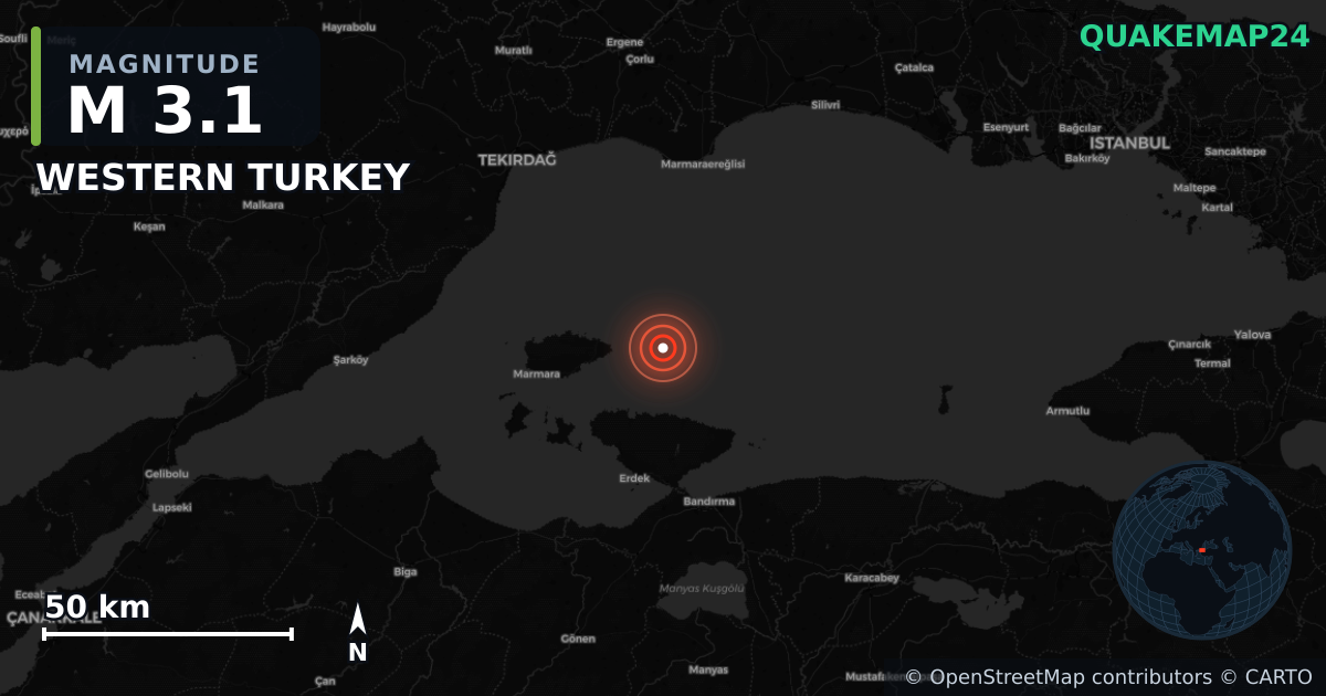 M3.1 earthquake near WESTERN TURKEY on Dec 2, 2025 — map of epicenter and shaking intensity | QuakeMap24