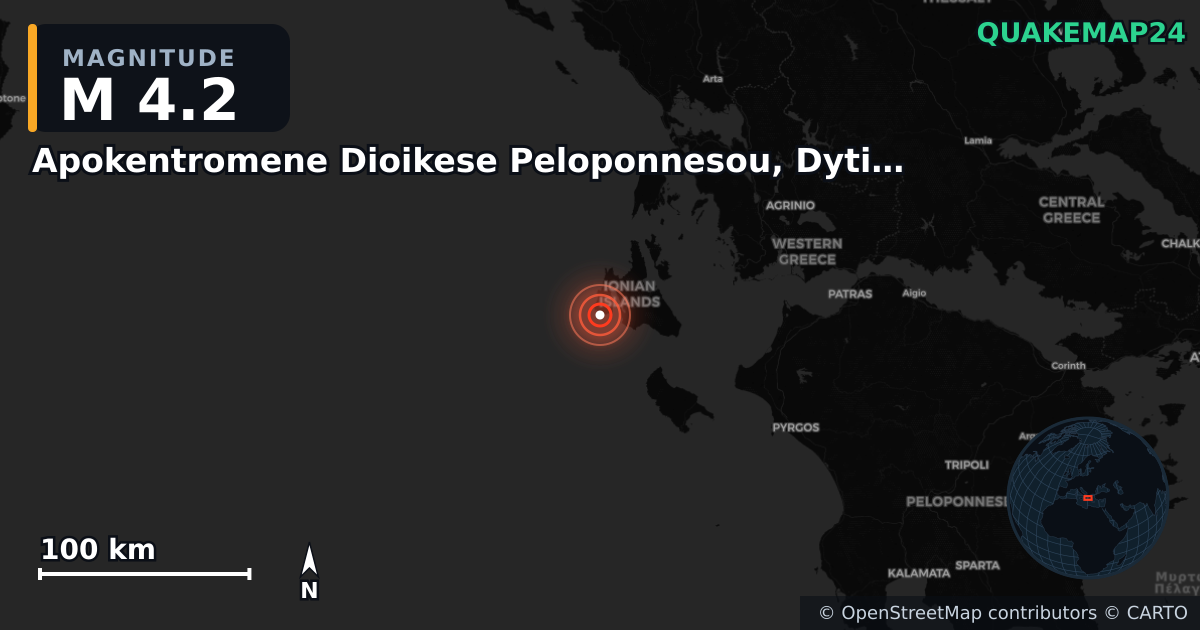 M4.2 earthquake near Apokentromene Dioikese Peloponnesou, Dytikes Elladas kai Ioniou on Jul 11, 2025 — map of epicenter and shaking intensity | QuakeMap24