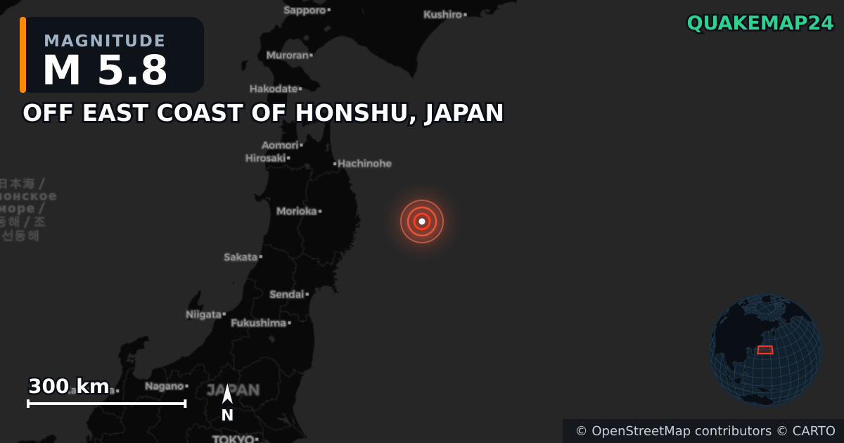 M5.8 earthquake near OFF EAST COAST OF HONSHU, JAPAN on Nov 10, 2025 — map of epicenter and shaking intensity | QuakeMap24