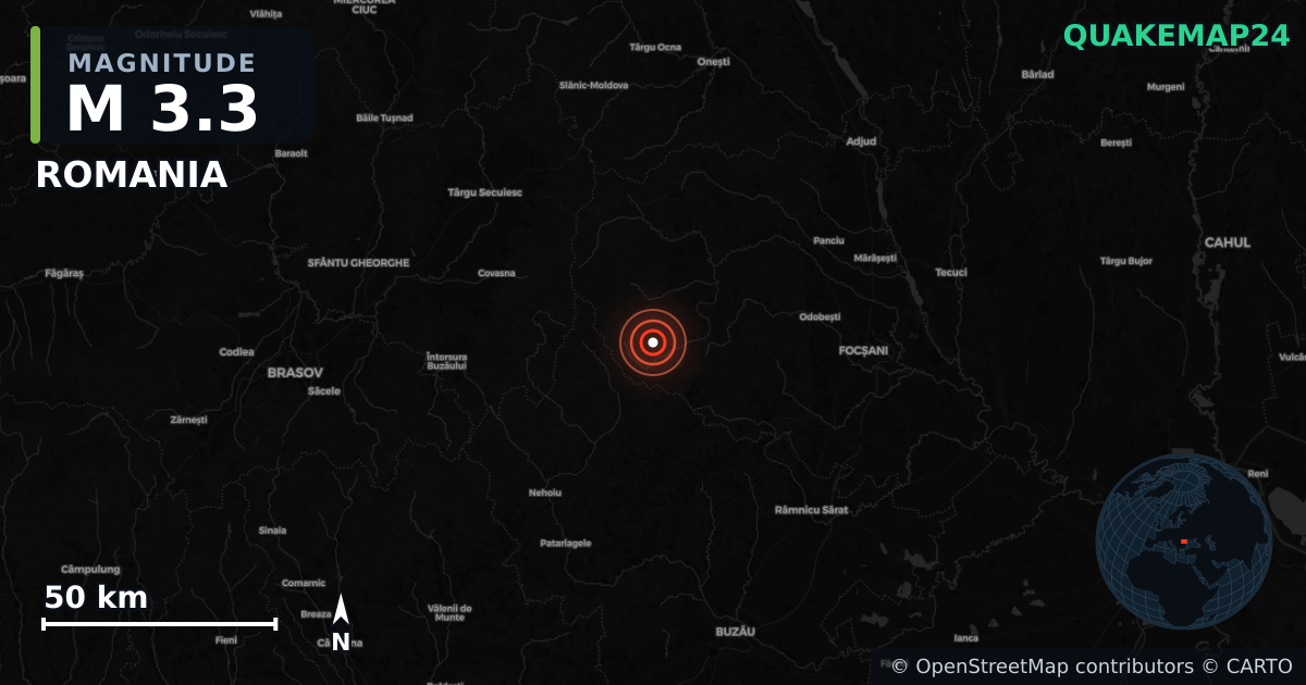 M3.3 earthquake near ROMANIA on Jun 6, 2025 — map of epicenter and shaking intensity | QuakeMap24