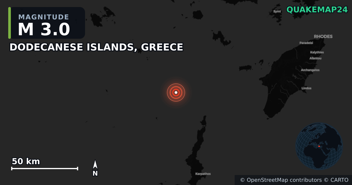 M3.0 earthquake near DODECANESE ISLANDS, GREECE on Aug 21, 2025 — map of epicenter and shaking intensity | QuakeMap24
