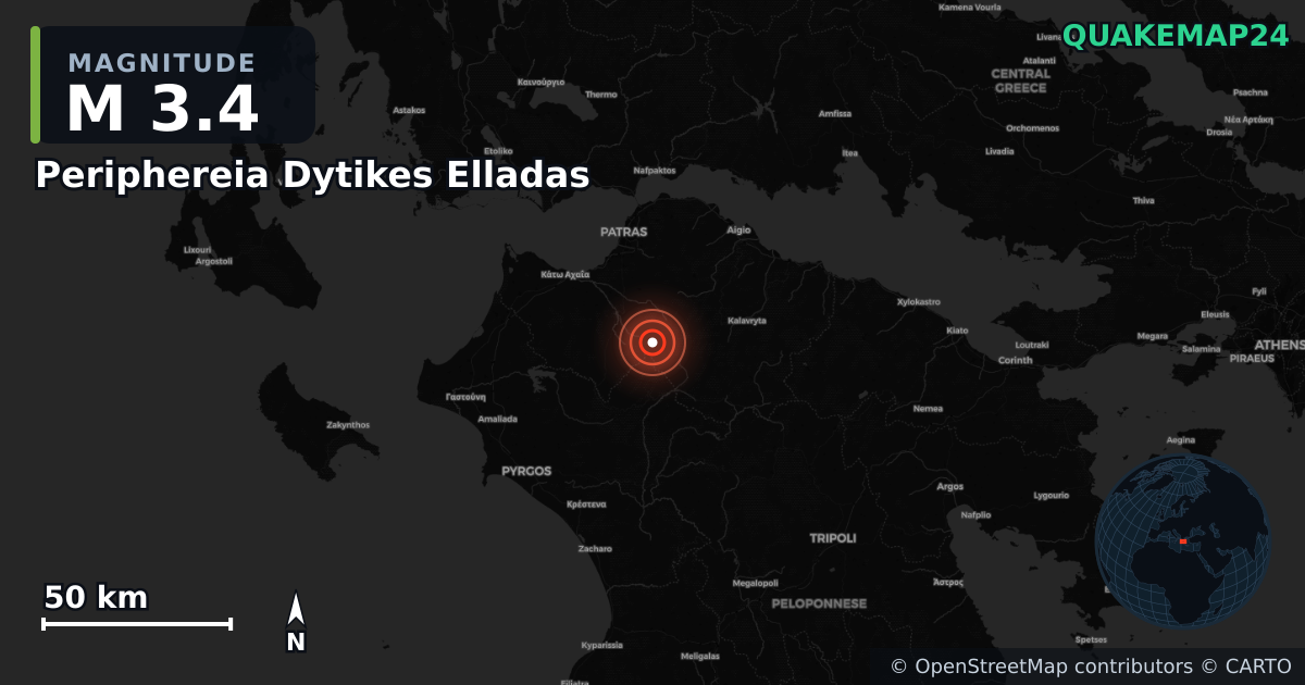 M3.4 earthquake near Periphereia Dytikes Elladas on Jan 1, 2026 — map of epicenter and shaking intensity | QuakeMap24