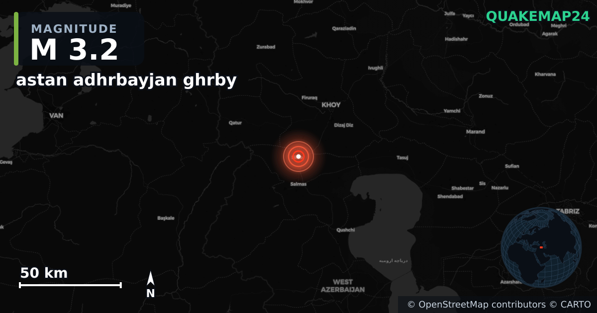 M3.2 earthquake near astan adhrbayjan ghrby on Sep 14, 2025 — map of epicenter and shaking intensity | QuakeMap24