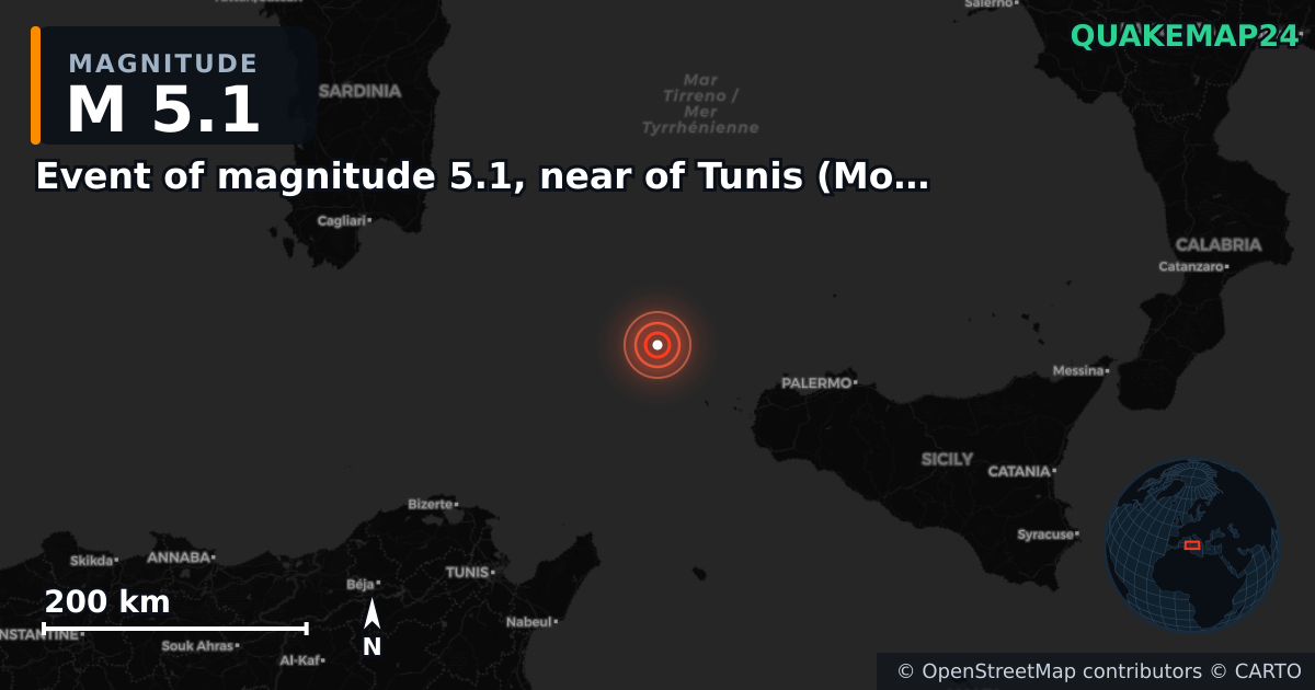 Event of magnitude 5.1, near of Tunis (Monde) yakınında M5,1 deprem — Deprem merkez üssünün konumunu gösteren harita