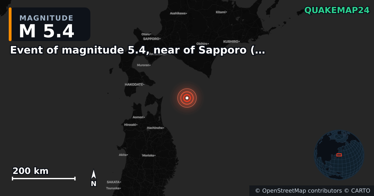 M5.4 earthquake near Event of magnitude 5.4, near of Sapporo (Monde) on Dec 9, 2025 — map of epicenter and shaking intensity | QuakeMap24