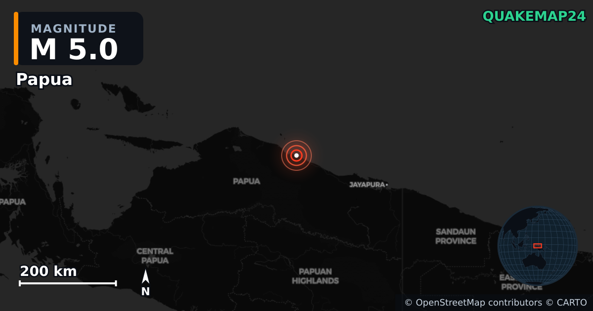 M5.0 earthquake near Papua on Aug 14, 2025 — map of epicenter and shaking intensity | QuakeMap24