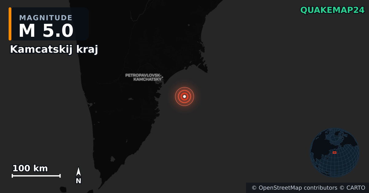 M5.0 earthquake near Kamcatskij kraj on Nov 3, 2025 — map of epicenter and shaking intensity | QuakeMap24
