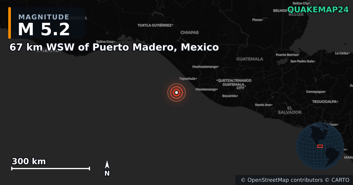 Erdbeben M5,2 bei 67 km WSW of Puerto Madero, Mexico · 2026-08-16 — Karte der Lage des Epizentrums