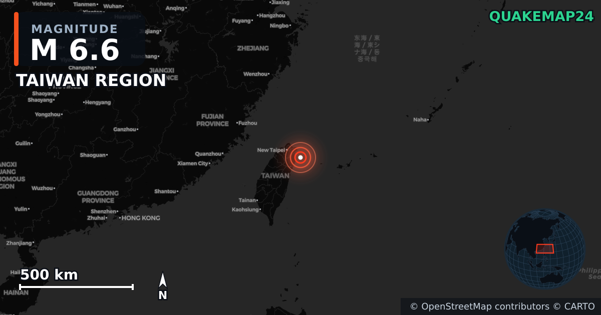 M6.6 earthquake near TAIWAN REGION on Dec 27, 2025 — map of epicenter and shaking intensity | QuakeMap24