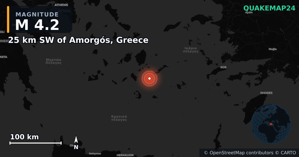 M4.2 earthquake near 25 km SW of Amorgós, Greece on Feb 6, 2025 — map of epicenter and shaking intensity | QuakeMap24