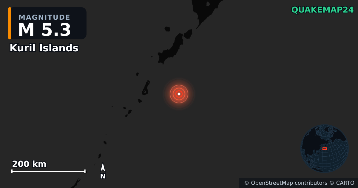 M5.3 earthquake near Kuril Islands on Mar 19, 2026 — map of epicenter and shaking intensity | QuakeMap24