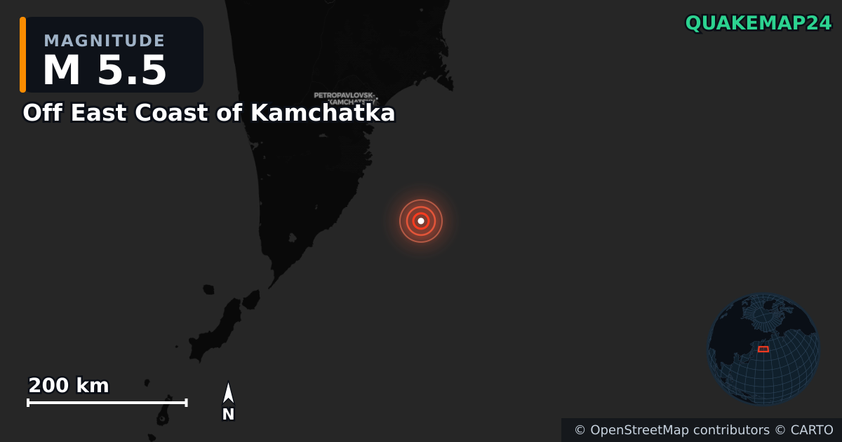 M5.5 earthquake near Off East Coast of Kamchatka on Sep 22, 2025 — map of epicenter and shaking intensity | QuakeMap24