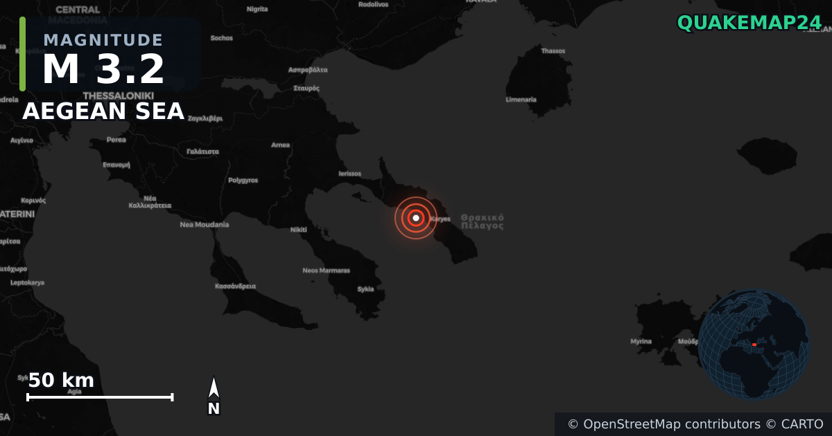 M3.2 earthquake near AEGEAN SEA on Jun 7, 2025 — map of epicenter and shaking intensity | QuakeMap24