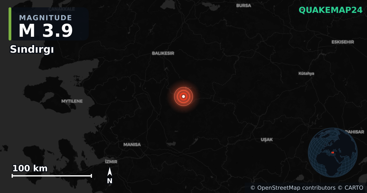 M3.9 earthquake near Sındırgı on Aug 31, 2025 — map of epicenter and shaking intensity | QuakeMap24