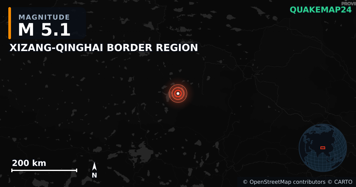 XIZANG-QINGHAI BORDER REGION yakınında M5,1 deprem — Deprem merkez üssünün konumunu gösteren harita