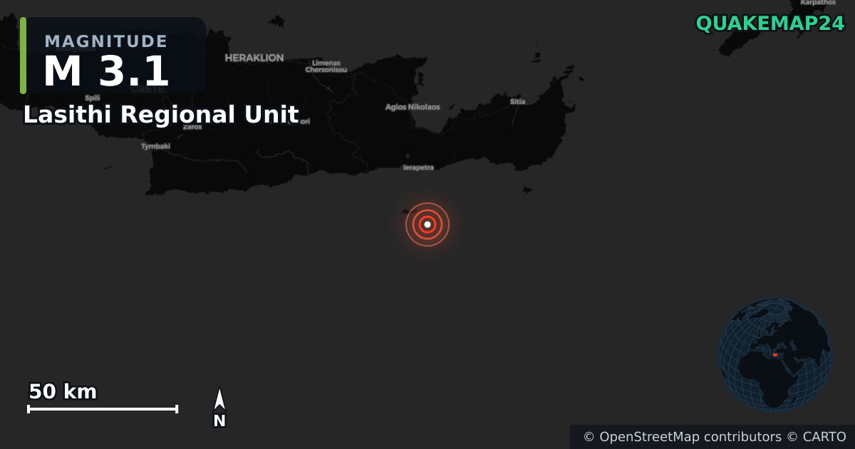 M3.1 earthquake near Lasithi Regional Unit on Aug 9, 2026 — map of epicenter and shaking intensity | QuakeMap24