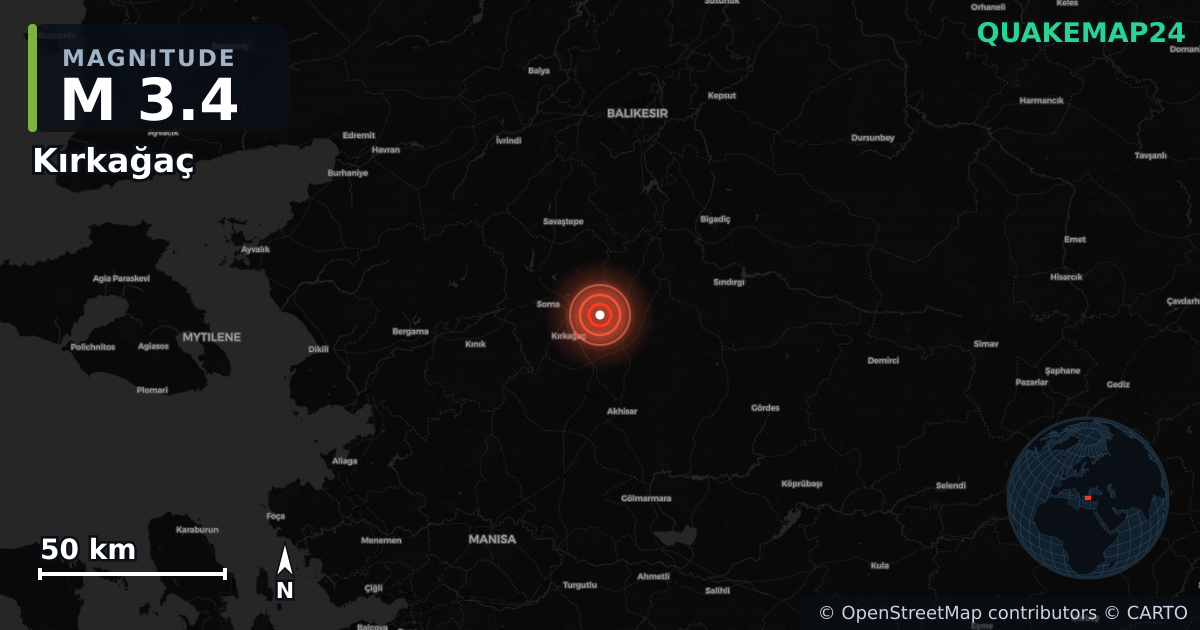 M3.4 earthquake near Kırkağaç on Oct 28, 2025 — map of epicenter and shaking intensity | QuakeMap24