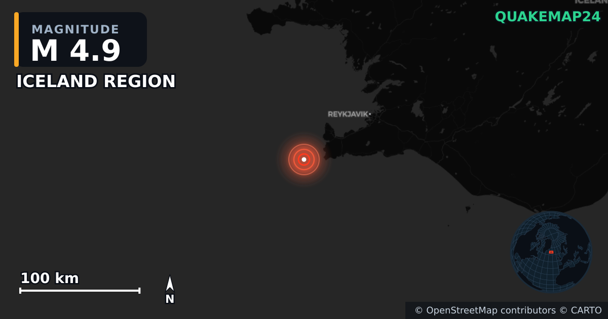 M4.9 earthquake near ICELAND REGION on May 24, 2025 — map of epicenter and shaking intensity | QuakeMap24