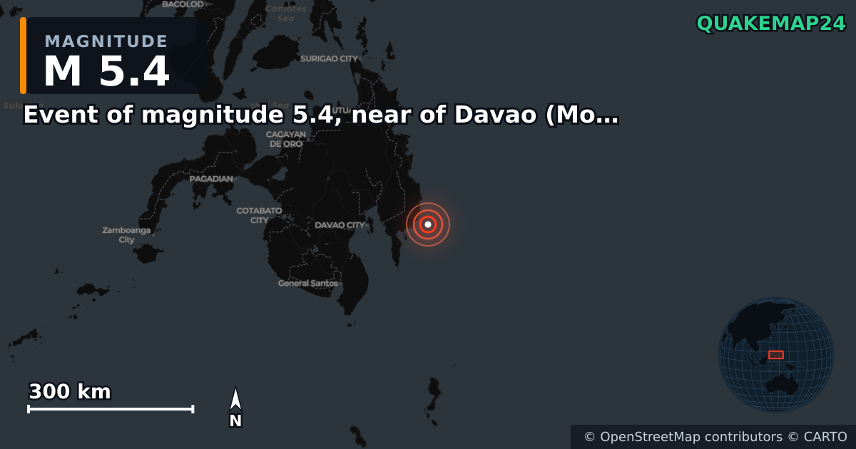 Erdbeben M5,4 bei Event of magnitude 5.4, near of Davao (Monde) (Philippinen) · 2025-10-10 — Karte der Lage des Epizentrums