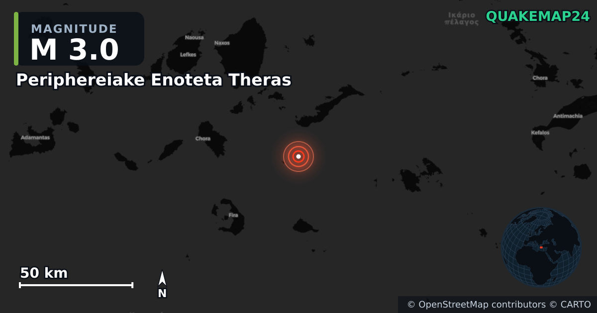 M3.0 earthquake near Periphereiake Enoteta Theras on Jan 13, 2026 — map of epicenter and shaking intensity | QuakeMap24