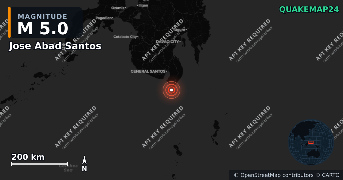 M5.0 earthquake near Jose Abad Santos on Jun 15, 2026 — map of epicenter and shaking intensity | QuakeMap24