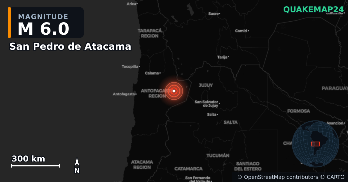 M6.0 earthquake near San Pedro de Atacama on Apr 18, 2025 — map of epicenter and shaking intensity | QuakeMap24