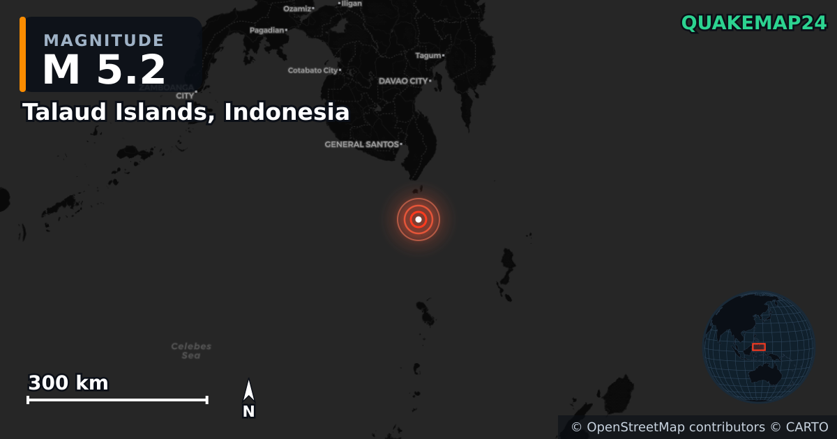 Σεισμός M5,2 κοντά στο Talaud Islands, Indonesia — Χάρτης της θέσης του επικέντρου