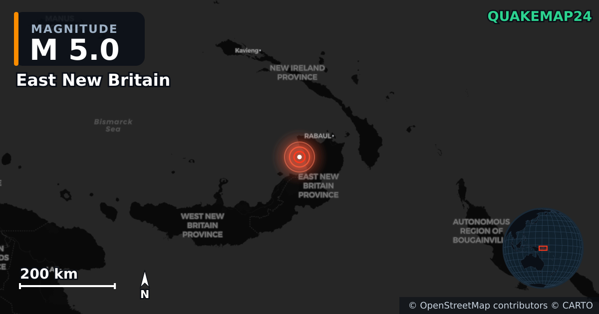 M5.0 earthquake near East New Britain on Aug 21, 2025 — map of epicenter and shaking intensity | QuakeMap24